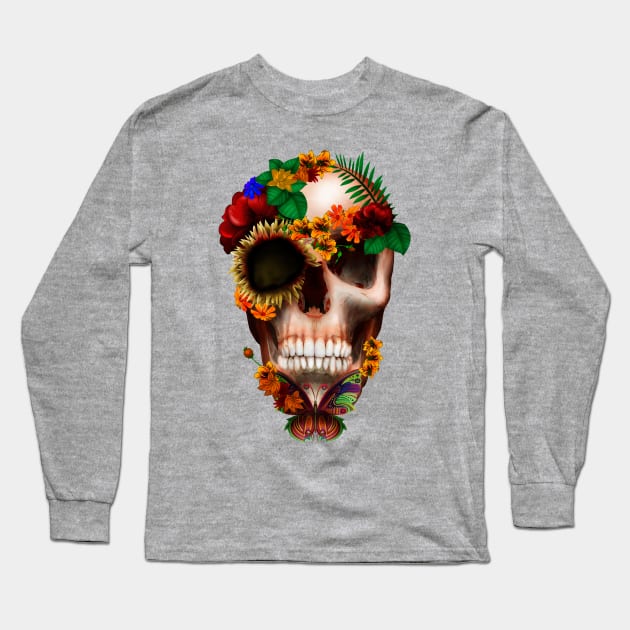 Sugar skull with Butterfly Long Sleeve T-Shirt by Dezigner007